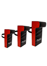 Three rectangular red and black Precision Training Single Wedge Hit Shields with handles are shown in small, medium, and large sizes—ideal for enhancing tackling technique during rugby training.