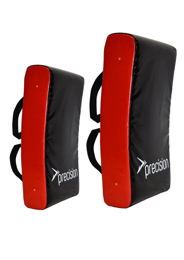 Two Precision Curved Hit Shields from Precision Training, featuring red sides, black fronts with the logo, and two black handles on the back. The set includes one larger pad—perfect for rugby tackling drills.