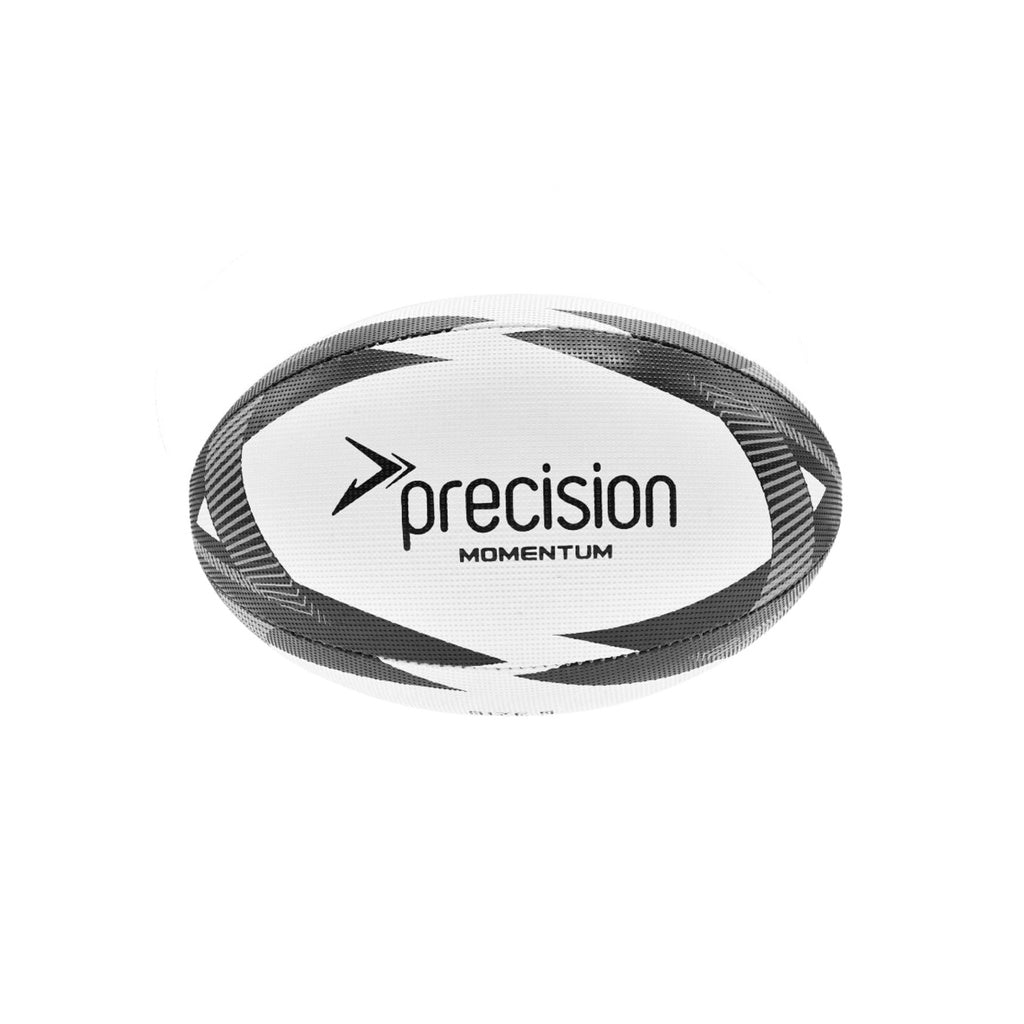 The Precision Momentum Rugby Training Ball by Precision Training is white with black and grey geometric patterns, features all-weather grip, and has "precision MOMENTUM" printed on it. Photographed against a white background.