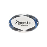 The Precision Momentum Rugby Training Ball by Precision Training features a white, black, and blue design with geometric patterns and an all-weather grip for durability and optimal performance during rugby training.