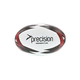 The Precision Momentum Rugby Training Ball by Precision Training is a white, black, and red ball designed for durability and all-weather grip, ensuring consistent rugby training performance.