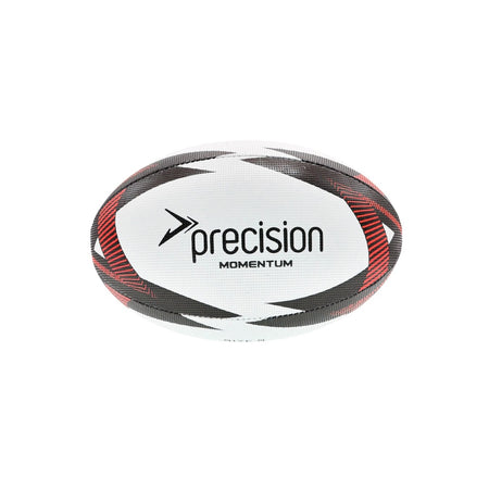 The Precision Momentum Rugby Training Ball by Precision Training is a white, black, and red ball designed for durability and all-weather grip, ensuring consistent rugby training performance.