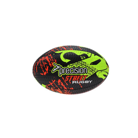 The Precision Training Precision Street Mania Rugby Ball is black with green and red abstract patterns, "Precision Street Rugby" text, vulcanised black rubber sheet, synthetic rubber bladder, and shown on a plain white background.