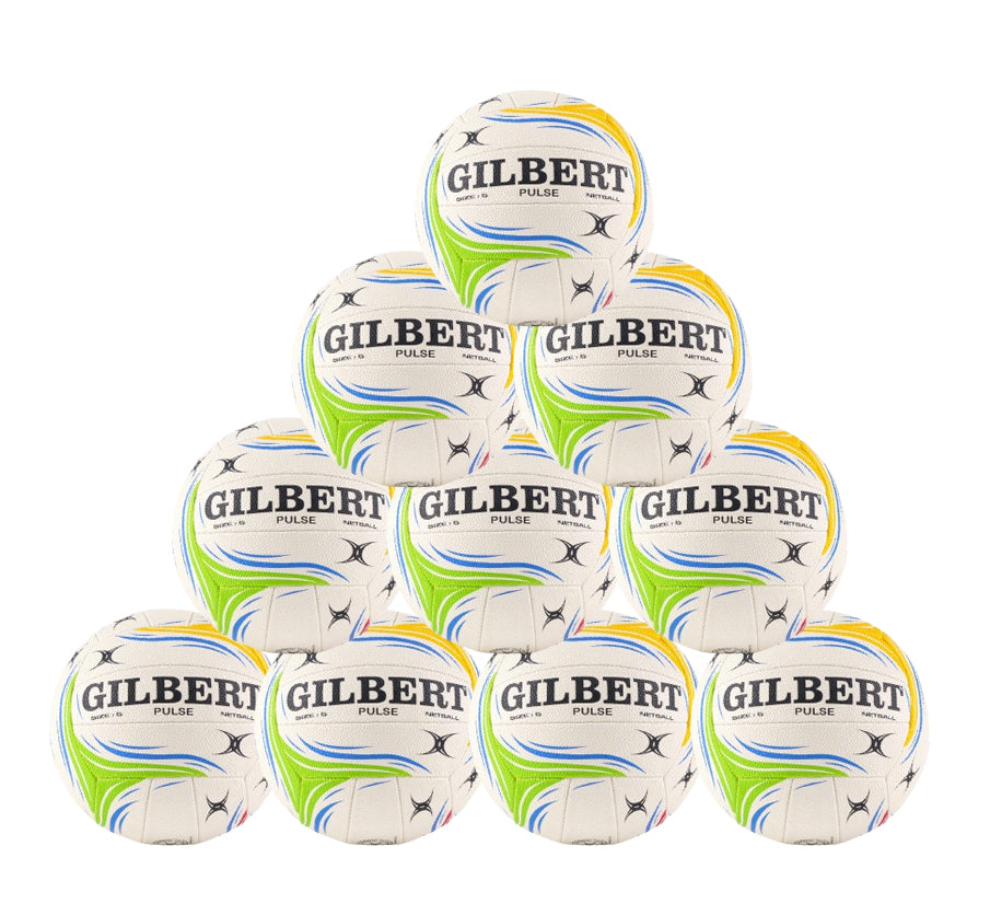 The Gilbert Pulse Netball Ten Pack by Gilbert features multi-colored netballs, stacked in a pyramid against a white background—ideal for club matches or reliable training.
