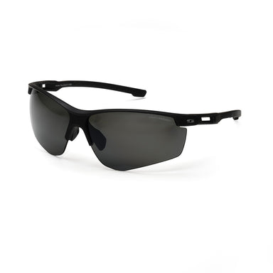 The Sunwise Pace Sunglasses by Sunwise feature a sleek black curved frame, semi-rimless dark lenses, and stylish temple cut-outs with a subtle logo, providing UV protection—perfect for active lifestyles. Displayed on a white background.