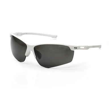 The Sunwise Pace Sunglasses by Sunwise feature a white frame, dark semi-rimless polarized lenses, and a lightweight, sporty design. Thin curved temples offer a secure fit, making them ideal for outdoor activities with added UV protection.