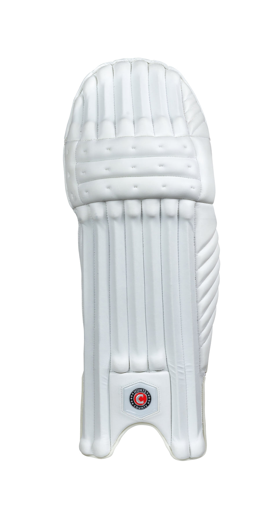 The Hunts County Clipper Batting Pad by Hunts County is a lightweight white cricket pad with vertical padding and stitched lines, designed for leg protection with high density foam, displayed against a plain white background.