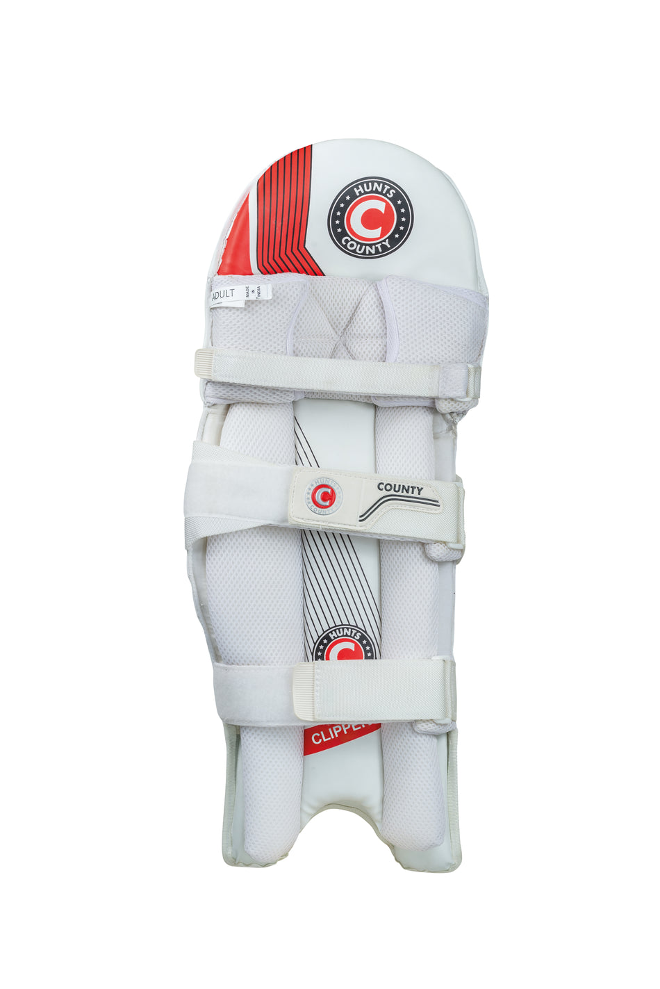 The Hunts County Clipper Batting Pad is a lightweight, single white pad with red and black Hunts County branding, high-density foam padding, and three adjustable straps for protection, shown on a plain white background.