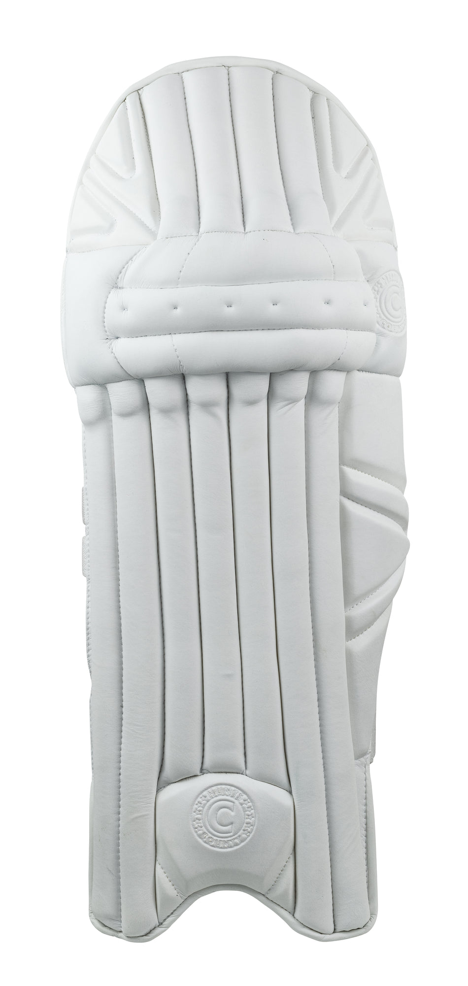 The Hunts County Platinum Batting Pads by Hunts County are lightweight, single white pads made with high density foam, padded vertical panels, and curved stitching for knee protection. Shown on a plain white background.