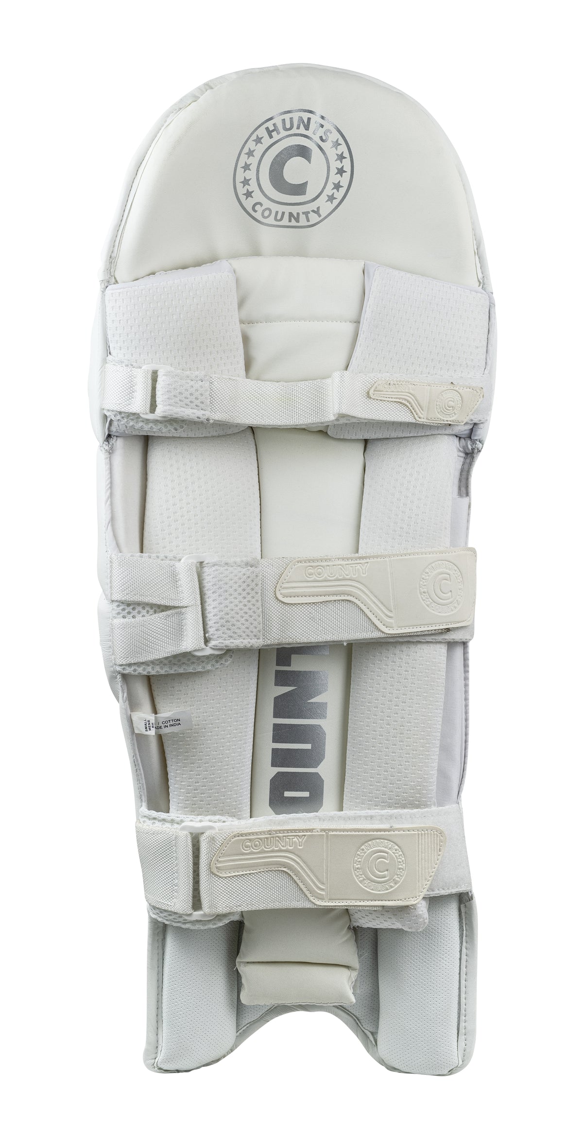 The Hunts County Platinum Batting Pads are white, lightweight pads with grey accents and three adjustable straps. Featuring high density foam for Test level protection, they provide comfort and display the County and Hunts County logos.