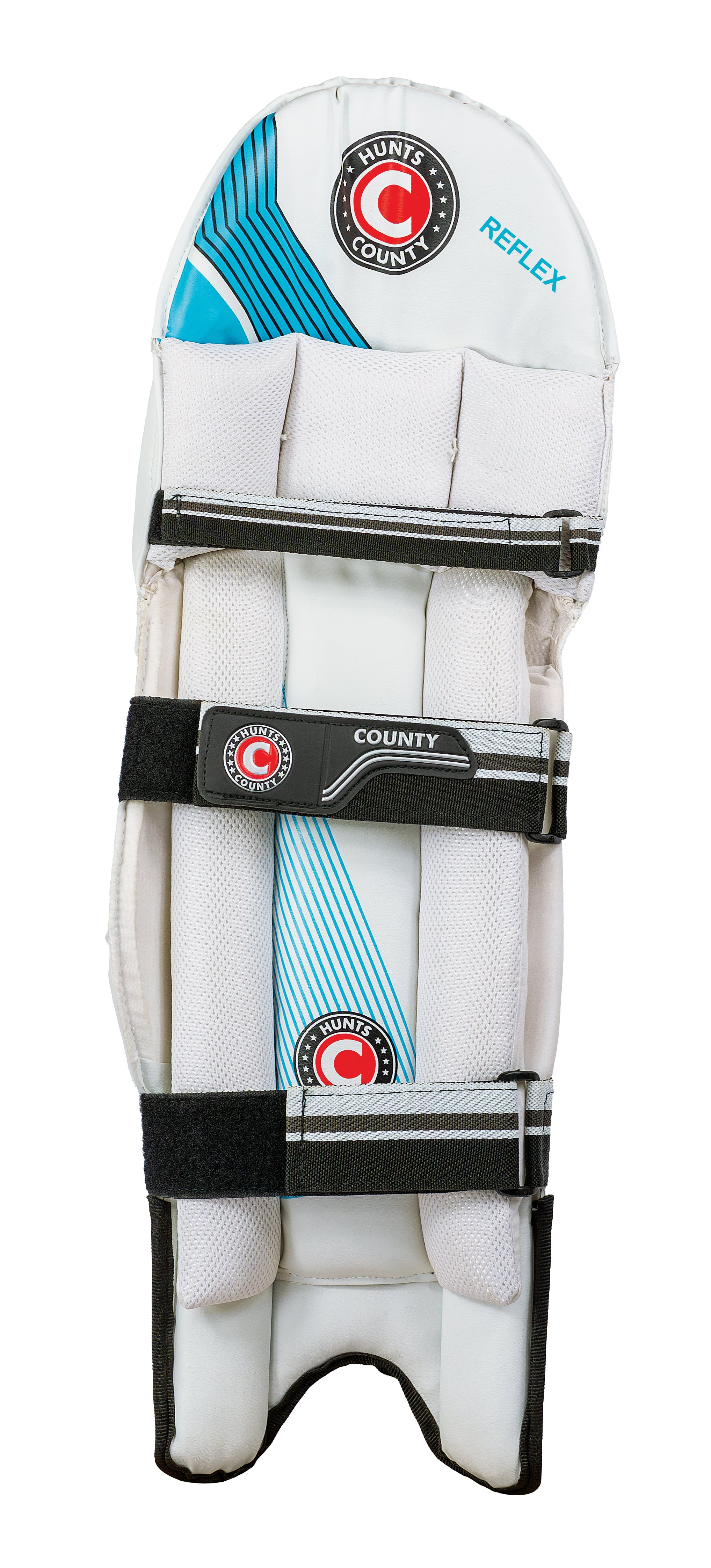 The Hunts County Reflex Batting Pads are white with black straps and blue accents, feature the Hunts County logo and "REFLEX" text, and have high density foam plus a lightweight PU cover for superior protection.