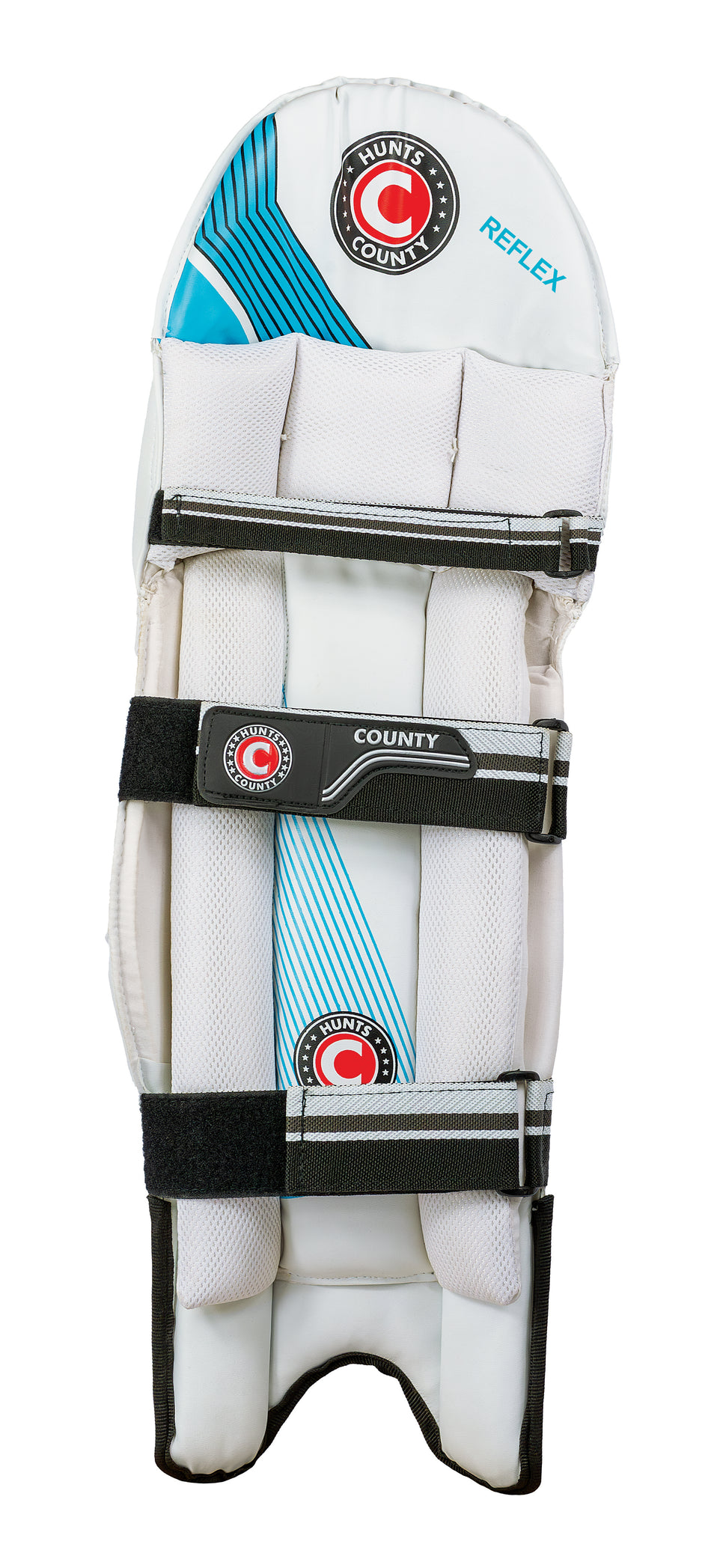 The Hunts County Reflex Batting Pads are white with black straps and blue accents, feature the Hunts County logo and "REFLEX" text, and have high density foam plus a lightweight PU cover for superior protection.