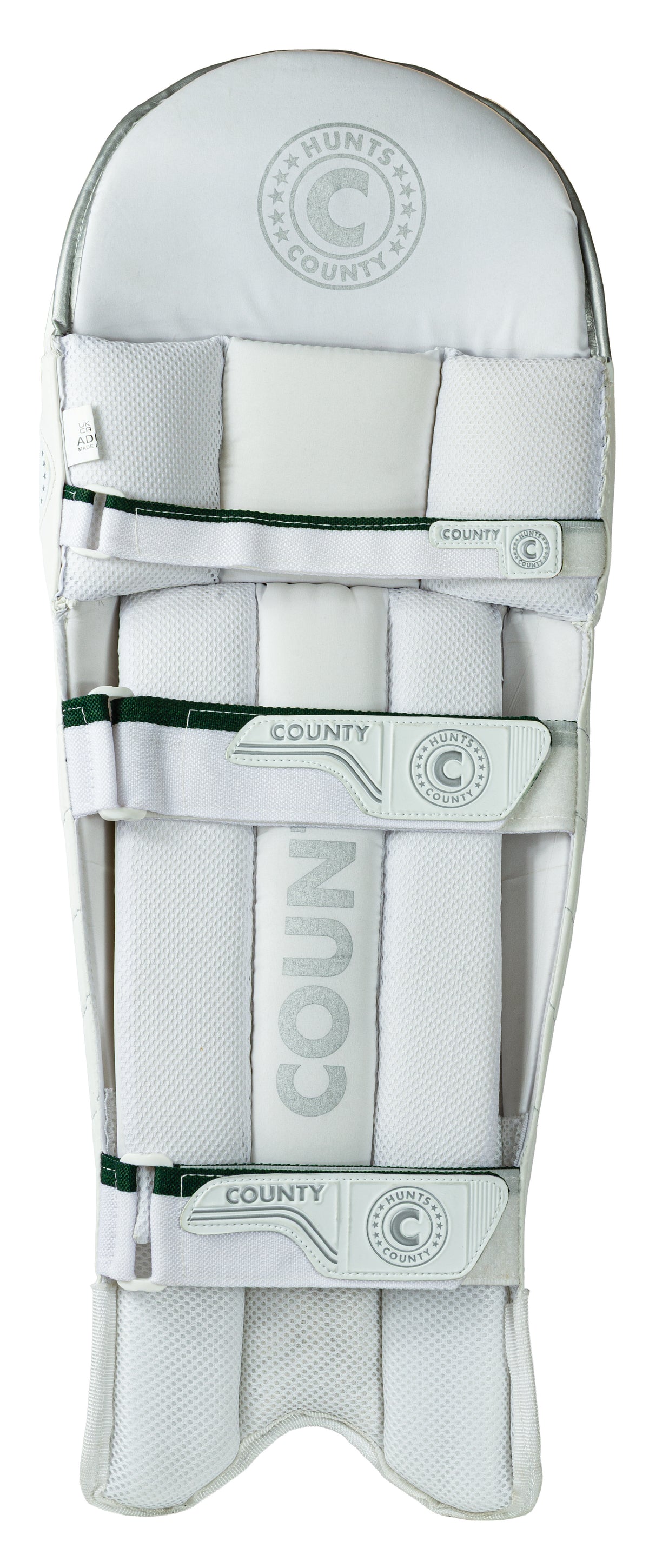 The Hunts County Triumph Batting Pads are white, ambidextrous pads with multiple straps and stitched detailing. Designed for club cricketers, they feature reinforced padding and the Hunts County brand for optimal protection.