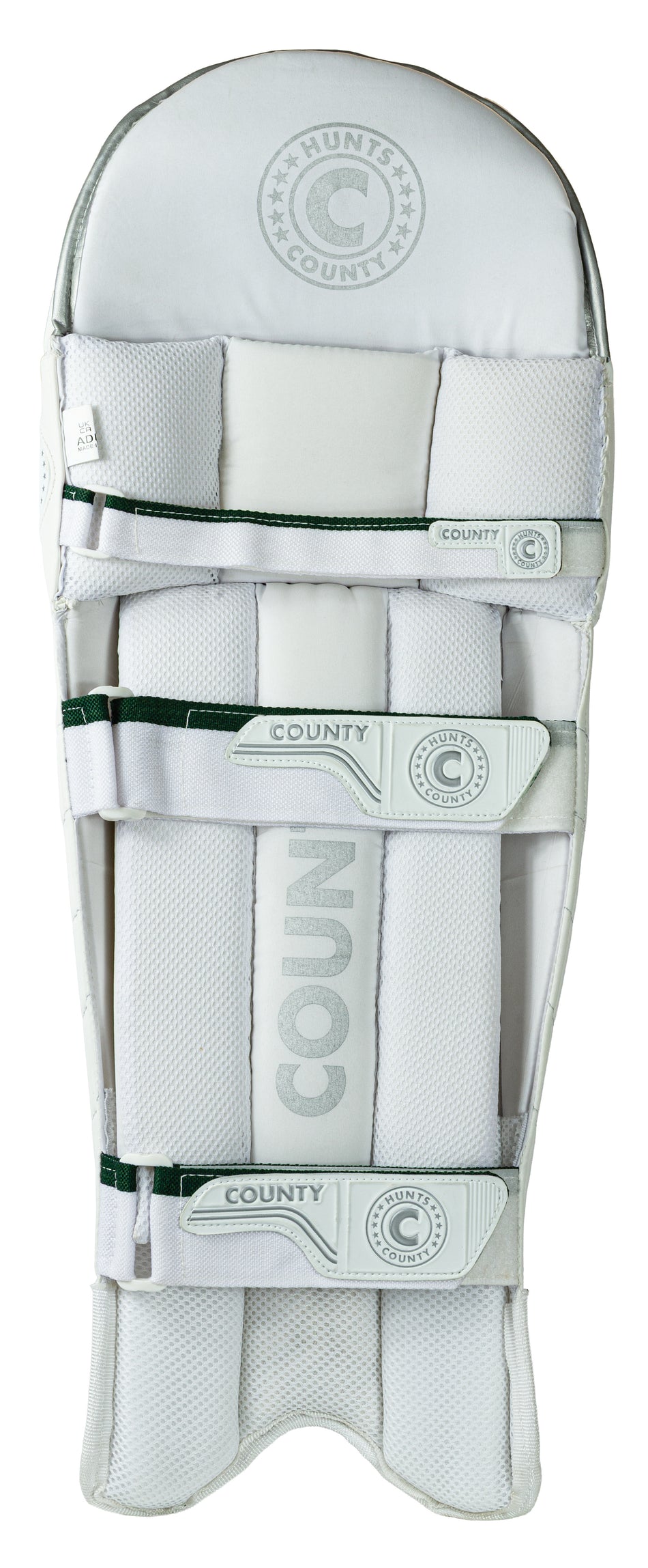 The Hunts County Triumph Batting Pads are white, ambidextrous pads with multiple straps and stitched detailing. Designed for club cricketers, they feature reinforced padding and the Hunts County brand for optimal protection.