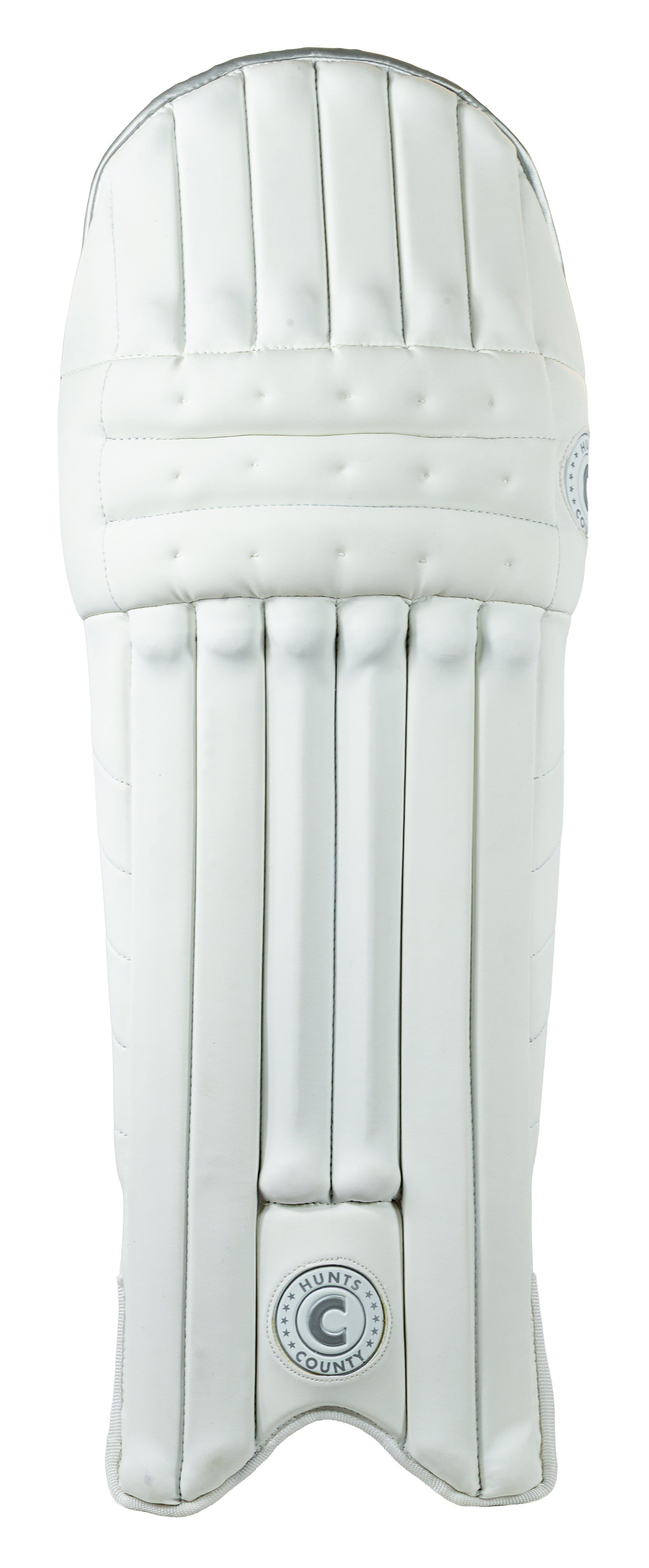A single white Hunts County Triumph Batting Pad with stitched sections and vertical padding, shown from the front. Ambidextrous design suits club cricketers, featuring Hunts County logos at the top right and bottom center.