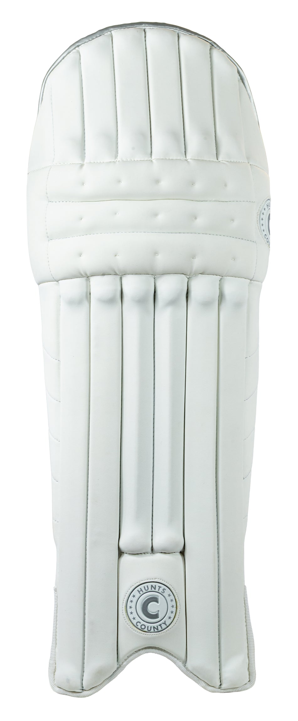 A single white Hunts County Triumph Batting Pad with stitched sections and vertical padding, shown from the front. Ambidextrous design suits club cricketers, featuring Hunts County logos at the top right and bottom center.