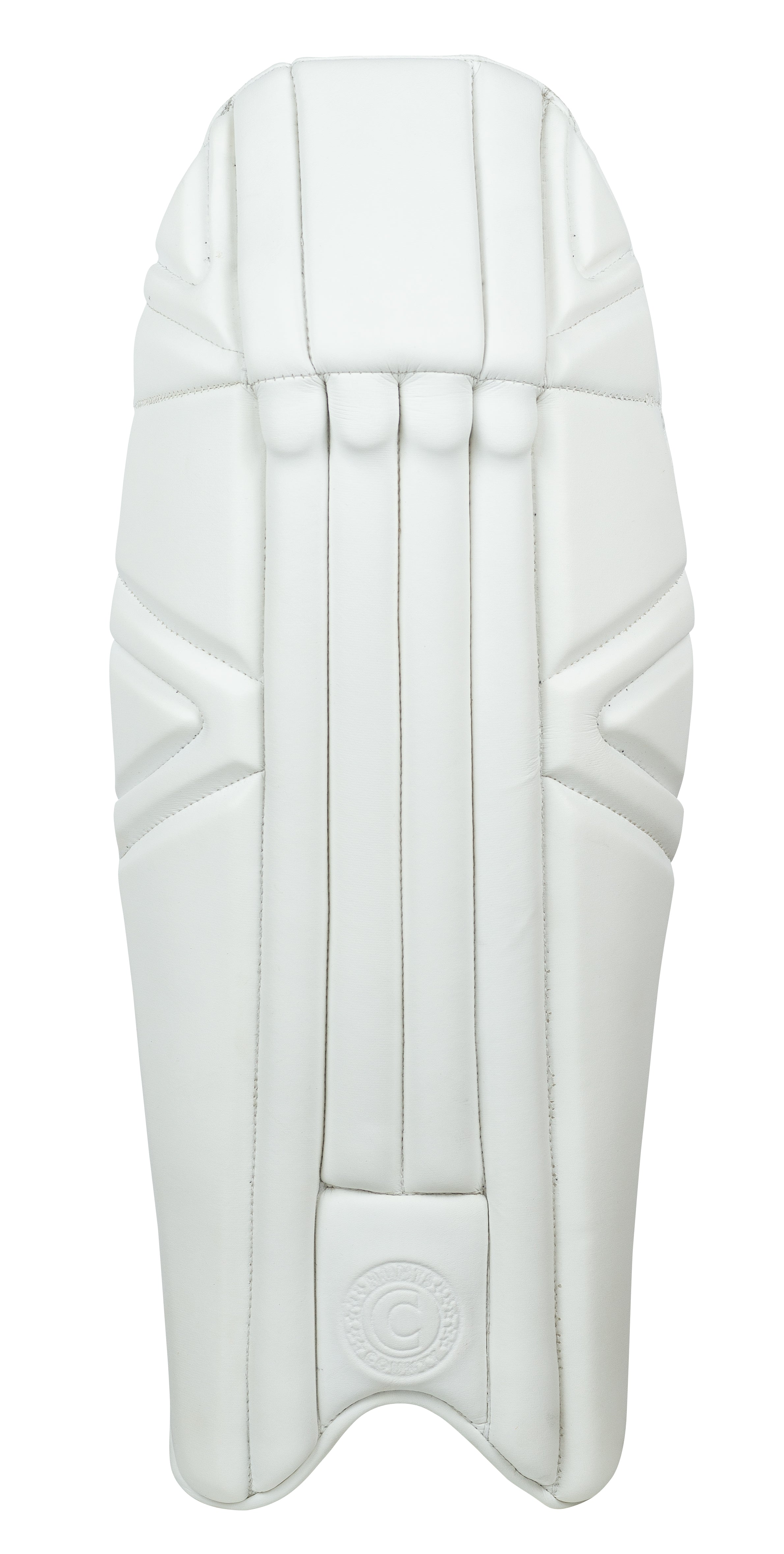The Hunts County Platinum Wicket Keeping Pad is a single white, lightweight pad with stitched detailing and padded sections, offering test level protection. Shown from the front against a plain background. Brand: Hunts County.