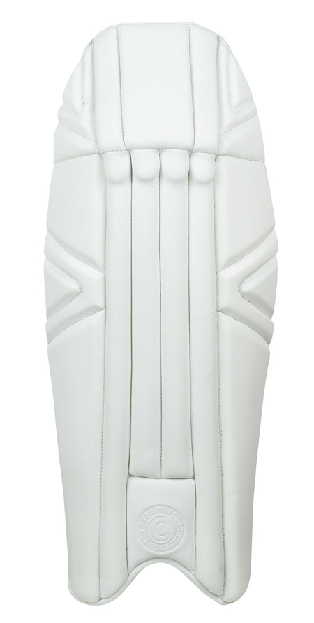 The Hunts County Platinum Wicket Keeping Pad is a single white, lightweight pad with stitched detailing and padded sections, offering test level protection. Shown from the front against a plain background. Brand: Hunts County.