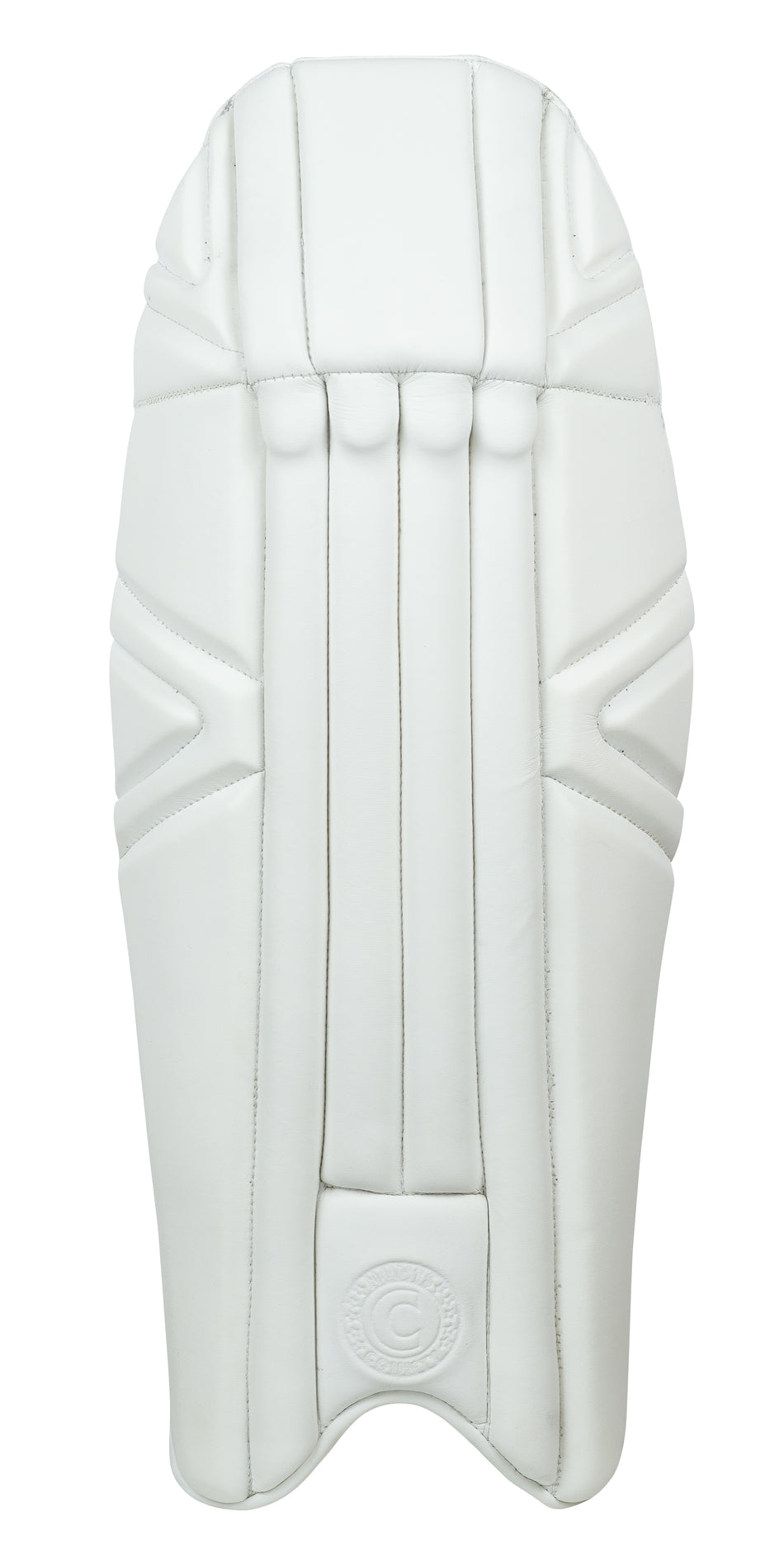 The Hunts County Platinum Wicket Keeping Pad is a single white, lightweight pad with stitched detailing and padded sections, offering test level protection. Shown from the front against a plain background. Brand: Hunts County.