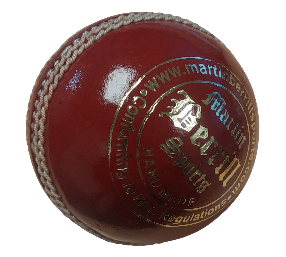 A close-up of the MBS Platinum Crown Cricket Ball by Martin Berrill Sports, crafted from English Alum Tanned Leather, featuring hand stitching and gold-embossed branding.
