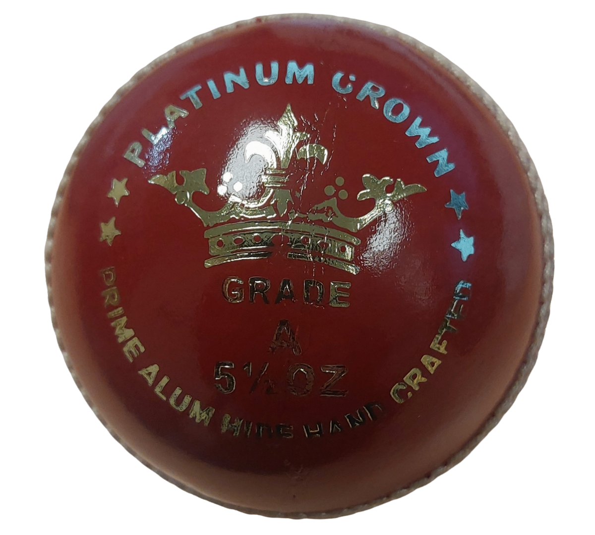 A close-up of the MBS Platinum Crown Cricket Ball by Martin Berrill Sports, made from English Alum Tanned Leather with gold text, highlights its hand-stitched, premium quality craftsmanship.