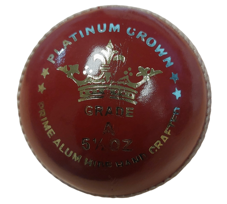 A close-up of the MBS Platinum Crown Cricket Ball by Martin Berrill Sports, made from English Alum Tanned Leather with gold text, highlights its hand-stitched, premium quality craftsmanship.