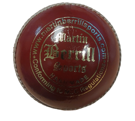 A close-up of the MBS Platinum Crown Cricket Ball by Martin Berrill Sports, made from English Alum Tanned Leather, with gold “Martin Berrill Sports” text, “Conforming to MCC Regulations,” and visible hand-stitched seams.