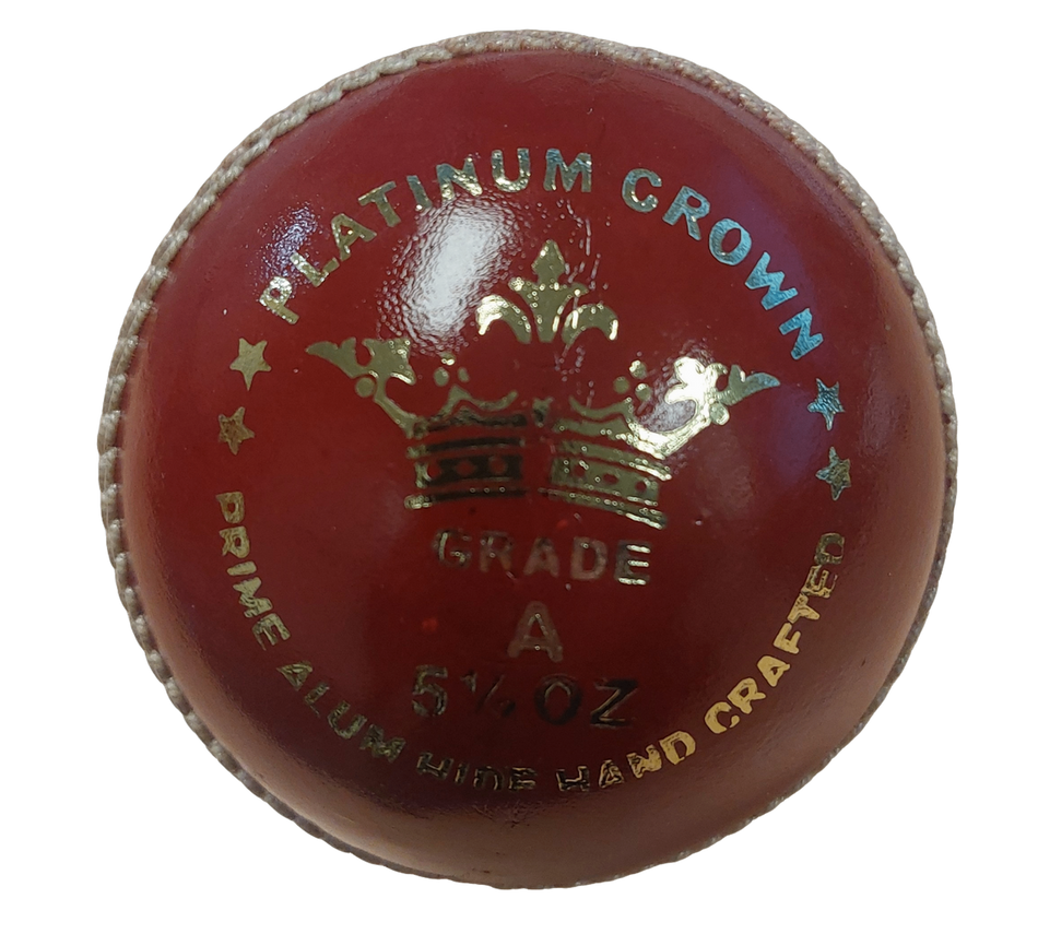 The MBS Platinum Crown Cricket Ball by Martin Berrill Sports is a red ball with visible stitching, gold text, a crown graphic, and labels: GRADE A, 5 1/2 OZ, and PRIME ENGLISH ALUM TANNED LEATHER HAND STITCHED.