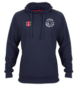 The Parkend CC Velocity Hoodie by Gray Nicolls features an active fit, front pocket, drawstrings, and the Parkend Cricket Club logo on the left chest with a red and white patch on the right. Made from sustainable cotton for comfort and style. Navy blue.