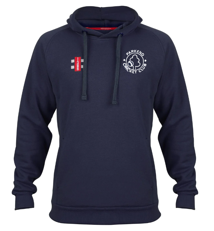 The Parkend CC Velocity Hoodie by Gray Nicolls features an active fit, front pocket, drawstrings, and the Parkend Cricket Club logo on the left chest with a red and white patch on the right. Made from sustainable cotton for comfort and style. Navy blue.