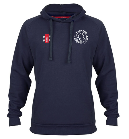 The Parkend CC Velocity Hoodie by Gray Nicolls features an active fit, front pocket, drawstrings, and the Parkend Cricket Club logo on the left chest with a red and white patch on the right. Made from sustainable cotton for comfort and style. Navy blue.