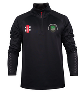 The Gray Nicolls Penallt & Redbrook CC Pro Thermo Fleece is a black long-sleeve quarter-zip pullover featuring checkerboard forearms, red zipper, white and red right chest logo, and a green circular club emblem on the left chest.