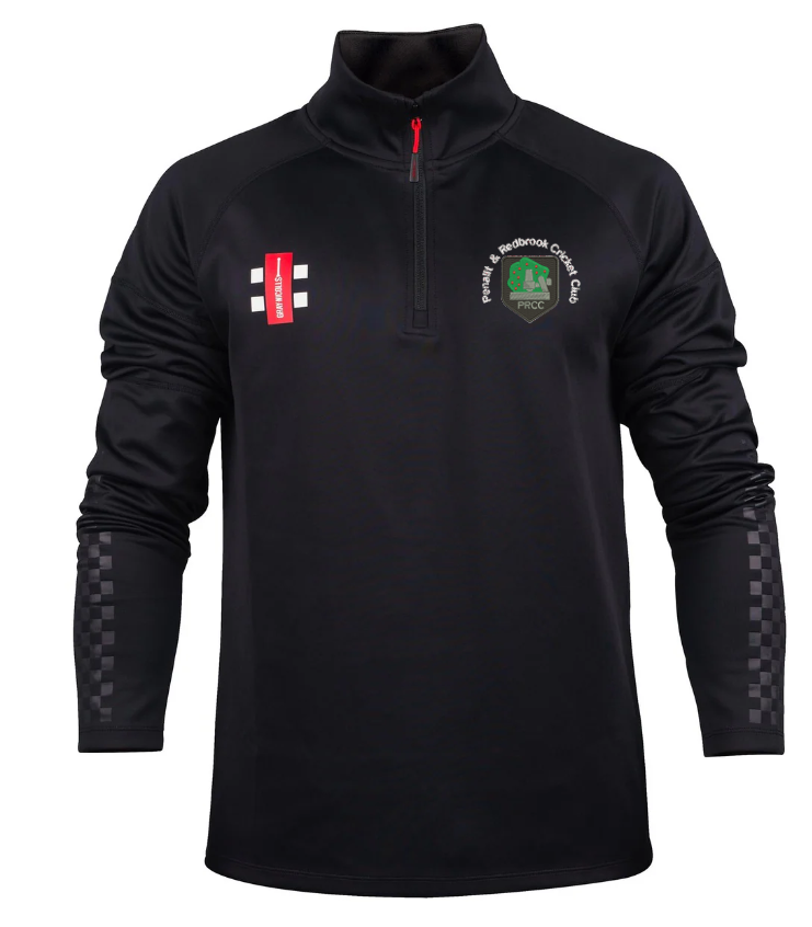 The Gray Nicolls Penallt & Redbrook CC Pro Thermo Fleece is a black long-sleeve quarter-zip pullover featuring checkerboard forearms, red zipper, white and red right chest logo, and a green circular club emblem on the left chest.