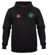 The Gray Nicolls Penallt & Redbrook CC Velocity Hoodie is black, with a small white and green crest and text on the left chest, plus a red and white rectangular logo on the right. This organic cotton hoodie includes a front pocket and drawstrings.