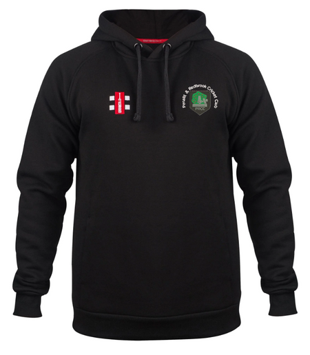 The Gray Nicolls Penallt & Redbrook CC Velocity Hoodie is black, with a small white and green crest and text on the left chest, plus a red and white rectangular logo on the right. This organic cotton hoodie includes a front pocket and drawstrings.