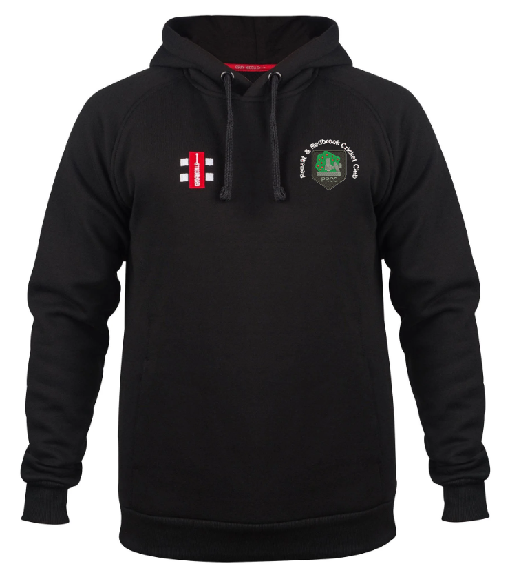 The Gray Nicolls Penallt & Redbrook CC Velocity Hoodie is black, with a small white and green crest and text on the left chest, plus a red and white rectangular logo on the right. This organic cotton hoodie includes a front pocket and drawstrings.