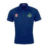 Introducing the Penydarren Country XI CC Matrix V2 Polo by Gray Nicolls: a dark blue short-sleeve polo shirt featuring two embroidered chest logos—one with red and white accents, the other highlighted in green, yellow, and blue. Expertly designed for Penydarren Country XI CC, this polo delivers superior moisture management to ensure all-day comfort.