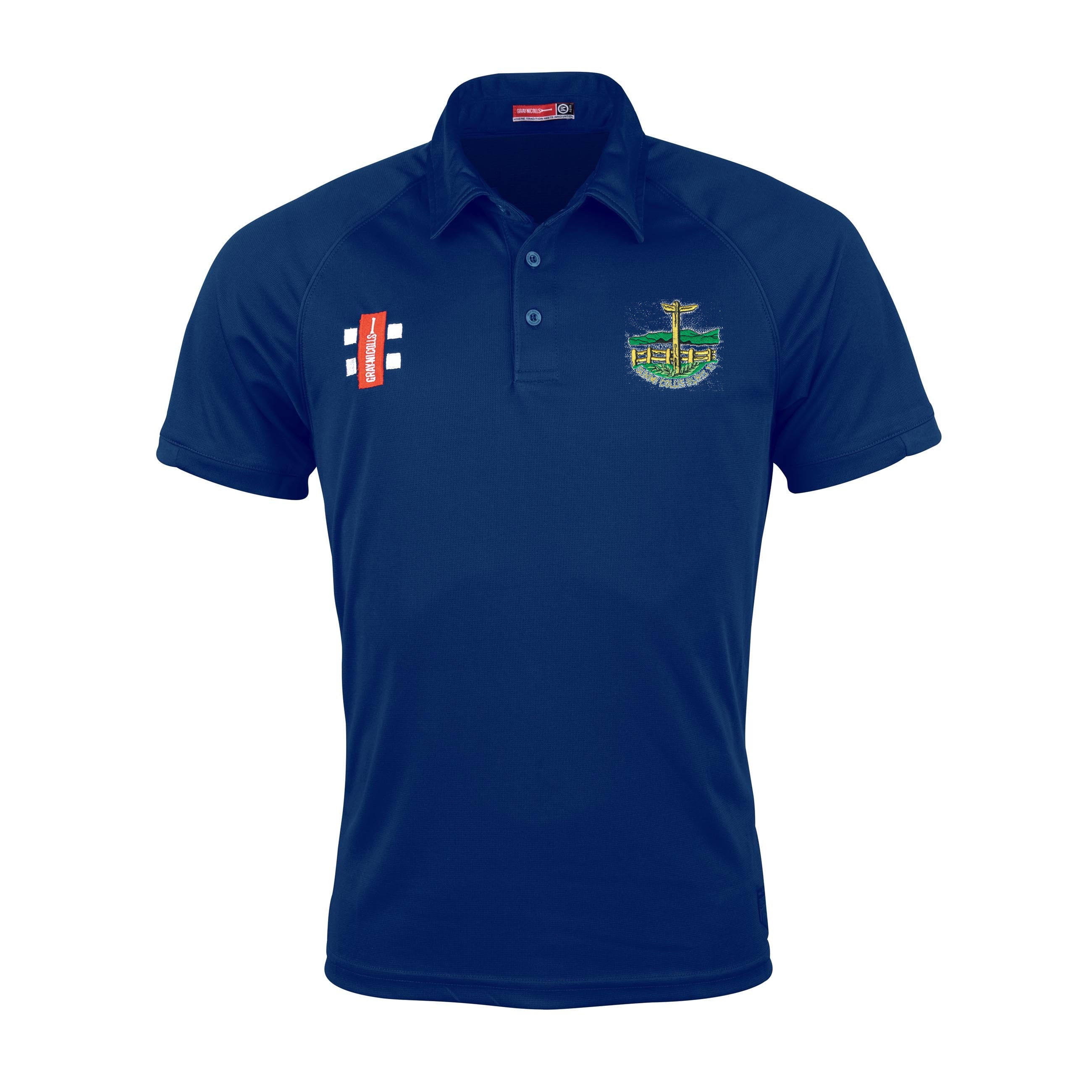 Introducing the Penydarren Country XI CC Matrix V2 Polo by Gray Nicolls: a dark blue short-sleeve polo shirt featuring two embroidered chest logos—one with red and white accents, the other highlighted in green, yellow, and blue. Expertly designed for Penydarren Country XI CC, this polo delivers superior moisture management to ensure all-day comfort.