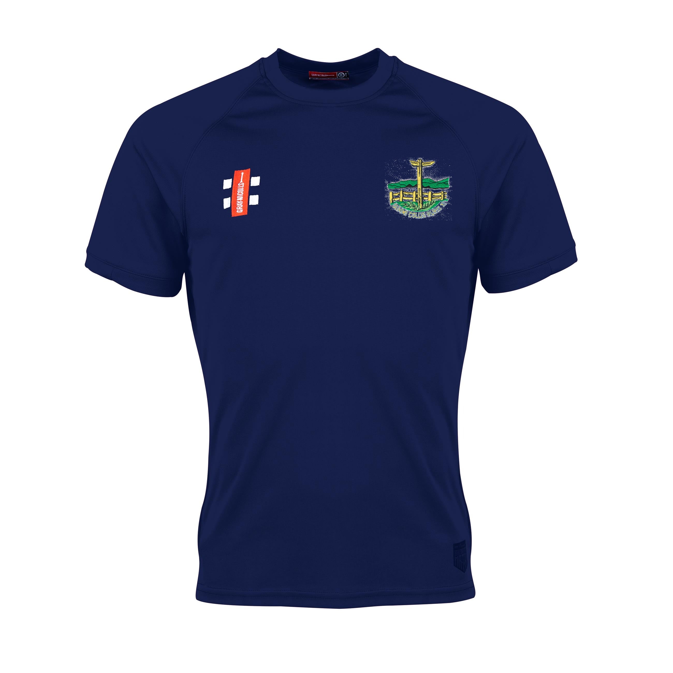 The Gray Nicolls Penydarren County XI CC Matrix V2 T-Shirt is a navy blue sports jersey with moisture management, a colorful left chest crest, red and white sponsor logo on the right chest, crew neck, and minimal detailing.