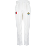 The Gray Nicolls Penydarren Country XI CC Matrix V2 Cricket Trousers are white, tapered-fit trousers with moisture control fabric and two embroidered logos near the waistband: a red and black symbol on the left, and a colorful crest on the right.