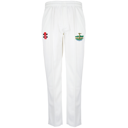 The Gray Nicolls Penydarren Country XI CC Matrix V2 Cricket Trousers are white, tapered-fit trousers with moisture control fabric and two embroidered logos near the waistband: a red and black symbol on the left, and a colorful crest on the right.