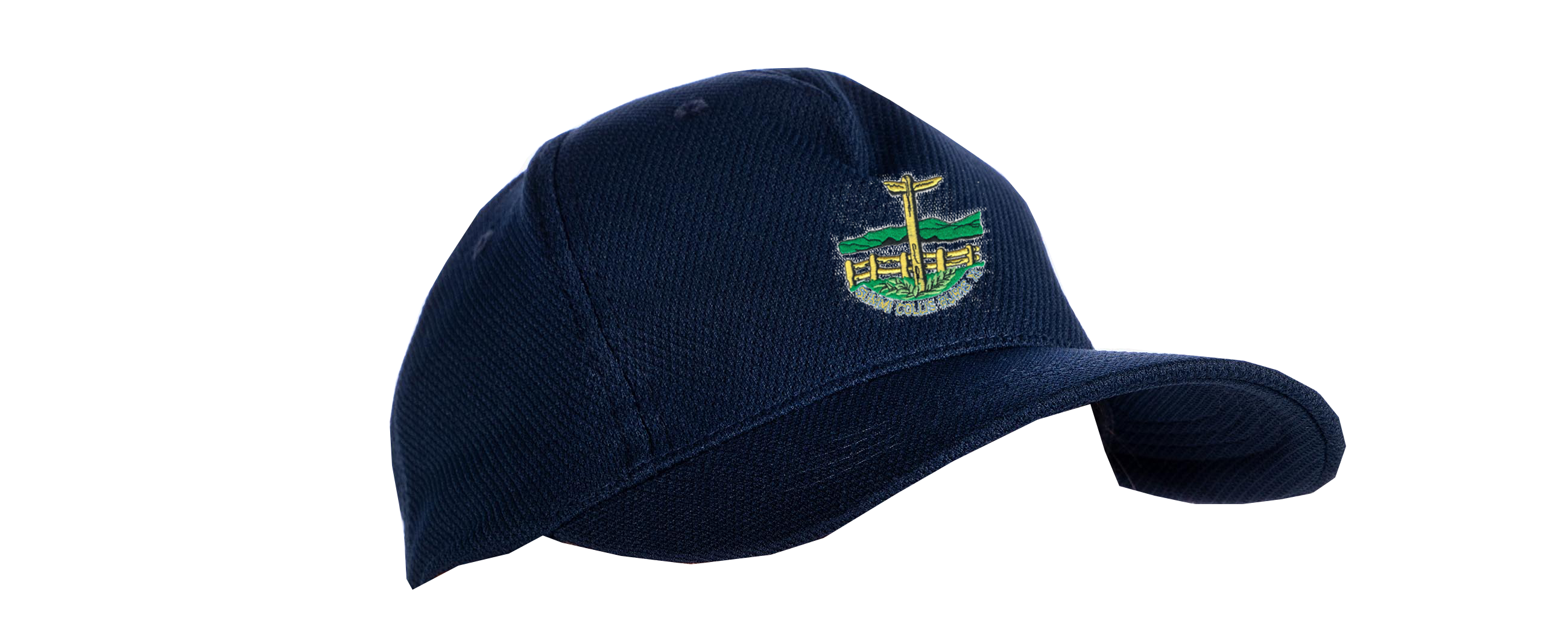 The Penydarren Country XI CC Cricket Cap by Gray Nicolls is a navy blue, adjustable-fit cap with a vibrant embroidered cross, green hills, and yellow structure on the front—photographed on a plain white background.