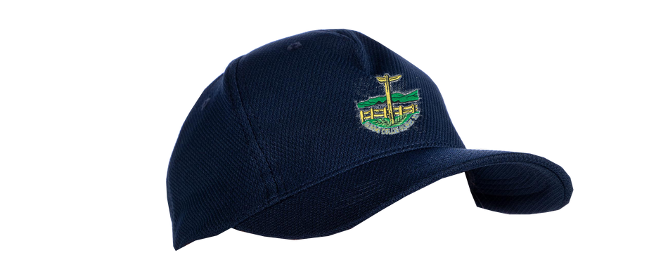 The Penydarren Country XI CC Cricket Cap by Gray Nicolls is a navy blue, adjustable-fit cap with a vibrant embroidered cross, green hills, and yellow structure on the front—photographed on a plain white background.