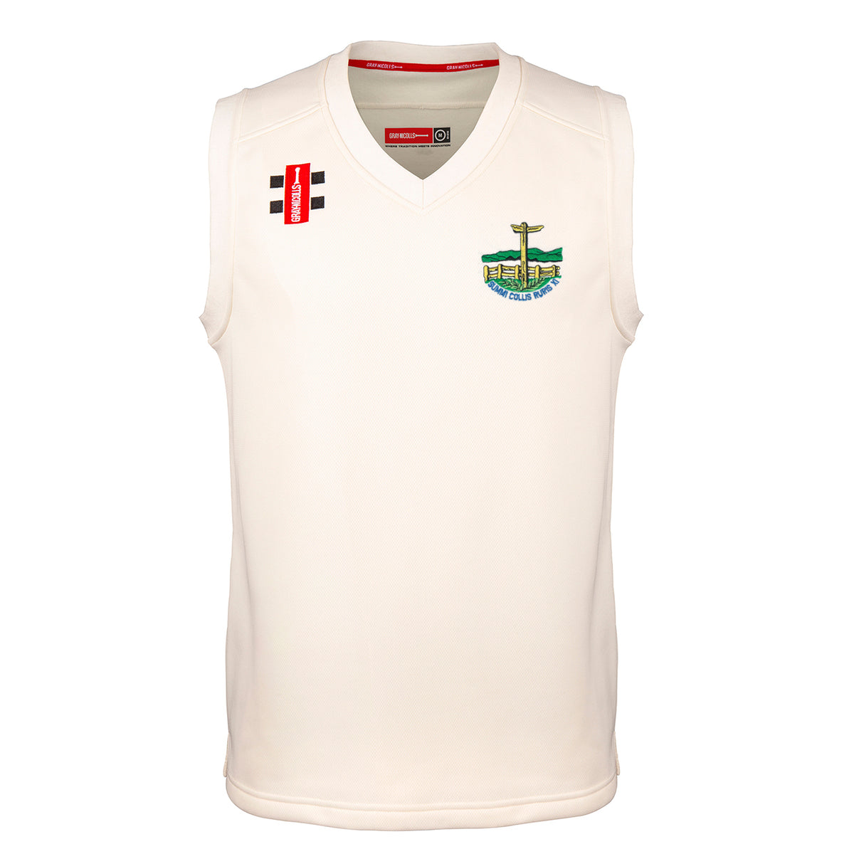 The Gray Nicolls Penydarren Country XI CC Pro Performance Slipover is a sleeveless white V-neck jumper with a left chest crest patch and two right shoulder logos—perfect as a lightweight layer for professional cricket performance.