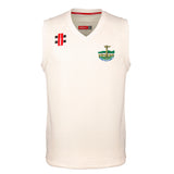 The Gray Nicolls Penydarren Country XI CC Pro Performance Slipover is a sleeveless white V-neck jumper with a left chest crest patch and two right shoulder logos—perfect as a lightweight layer for professional cricket performance.