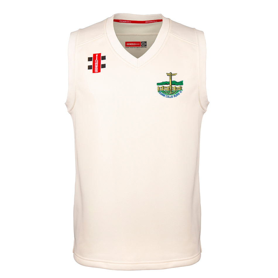 The Gray Nicolls Penydarren Country XI CC Pro Performance Slipover is a sleeveless white V-neck jumper with a left chest crest patch and two right shoulder logos—perfect as a lightweight layer for professional cricket performance.