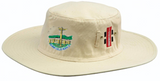 The Gray Nicolls Penydarren Country XI CC Sunhat is a beige heavy-duty cotton cricket sunhat with green and yellow embroidery on the front and a red and white side patch, shown on a white background.