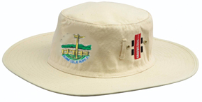 The Gray Nicolls Penydarren Country XI CC Sunhat is a beige heavy-duty cotton cricket sunhat with green and yellow embroidery on the front and a red and white side patch, shown on a white background.