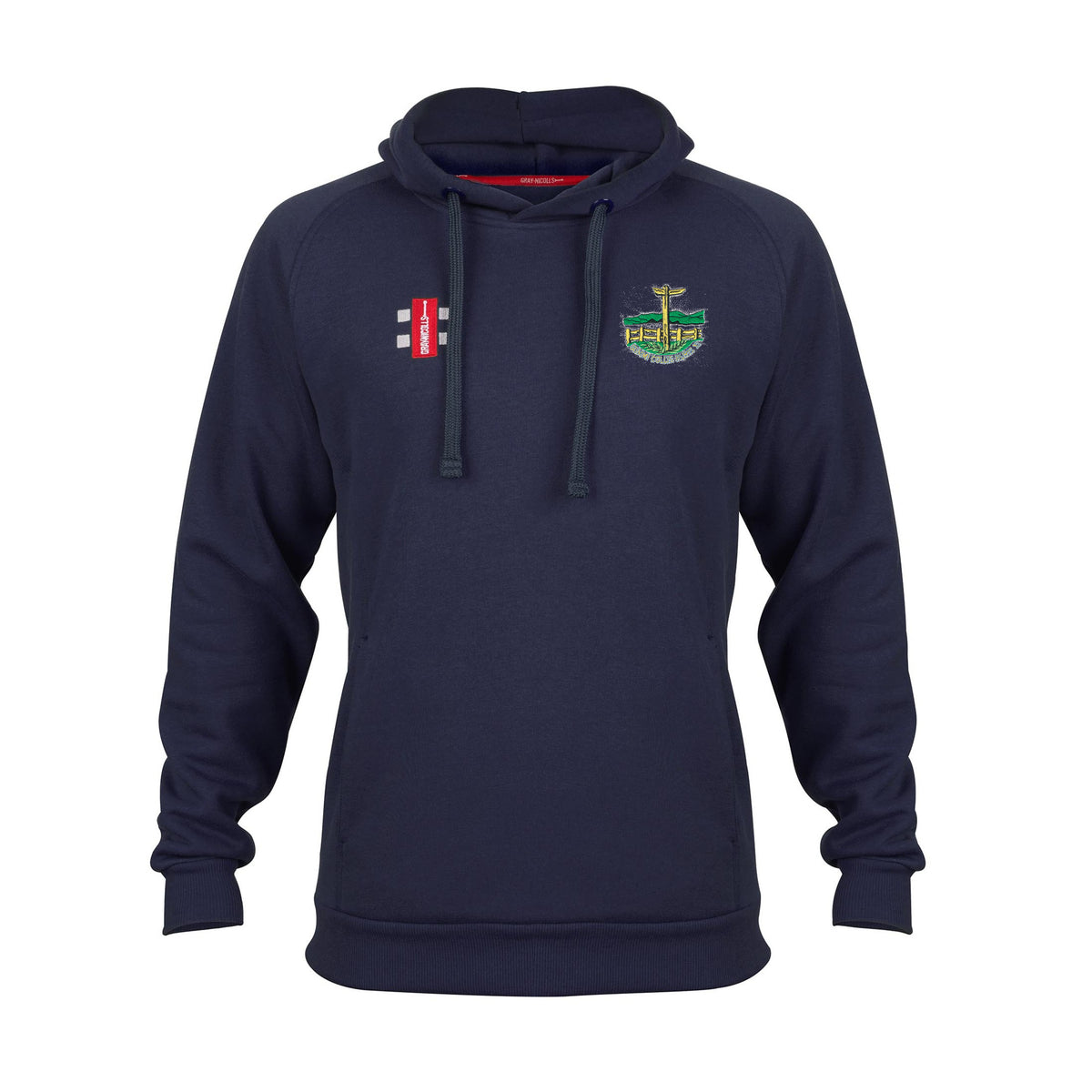 The Gray Nicolls Penydarren Country XI CC Velocity Hoodie in navy blue is made from organic cotton and features a front pouch pocket plus two embroidered logos: a red and white rectangle, and a green-yellow crest with deer and trees.