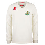 The Gray Nicolls Penydarren Country XI CC Pro Performance Sweater is a white, long-sleeved V-neck with the club badge on the left chest and two small black stripes on a red patch on the right shoulder.